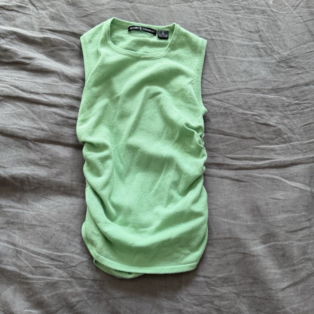 Autumn Cashmere Sleeveless Cashmere Sweater Ruched Sides Lime Green Size S